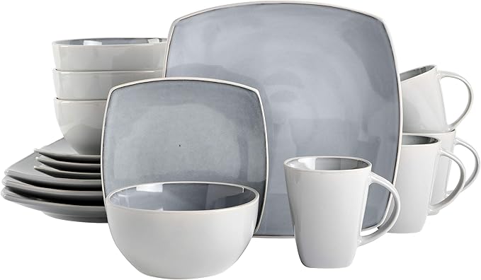 Gibson Elite Soho Lounge Square Reactive Glaze Stoneware Dinnerware Set Service for 4 (16pc) Light Gray