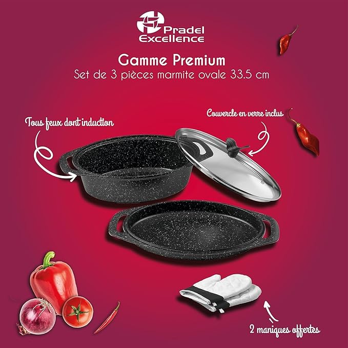 Pradel Excellence - PCUI001014 - Premium Cast Aluminium Casserole Ø36cm Glass Lid - Stone-Effect Non-Stick Coating - Removable Handle - All Heat Source Black and White