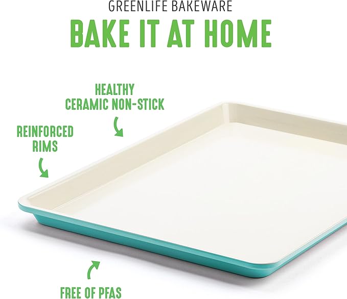 GreenLife Bakeware Healthy Ceramic Nonstick 4 Piece Toaster Oven Baking Set with Cookie Sheet Muffin and Cake Pan PFAS-Free Turquoise