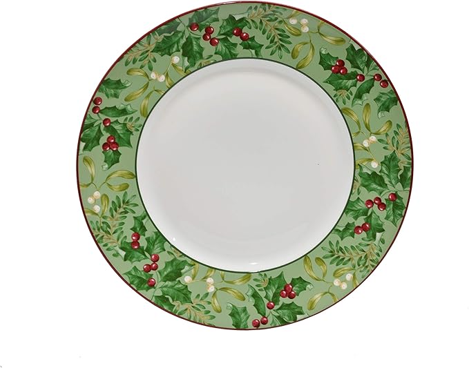 222 Fifth Christmas Foliage 12-Piece Porcelain Dinnerware Set for 4 - Glossy White Plates and Bowls Sets with Green Holly and Berry Design Durable Ceramic Dish Set for Holiday Dining Elegant Dishes