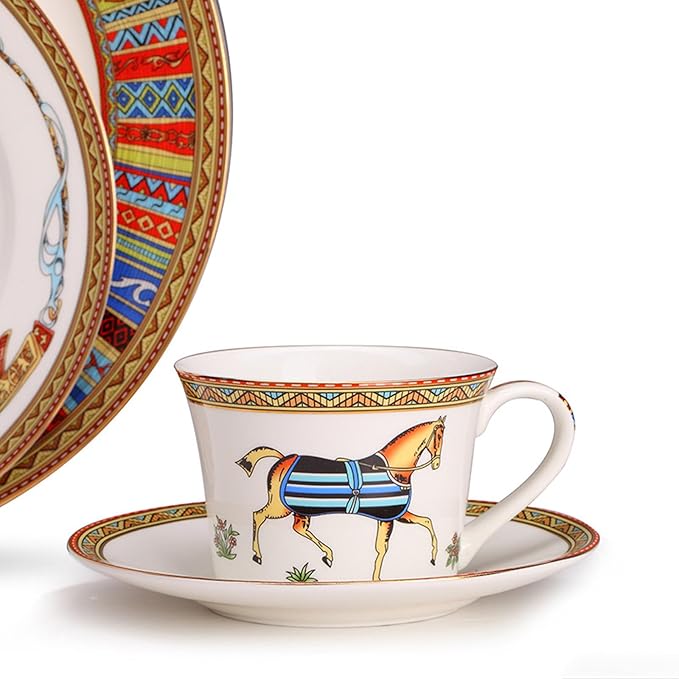 European Style Dinnerware Set Service for 2 Bone China Dinnerware Sets Unbreakable Porcelain Dinner Sets Coffee Cup and Saucer Tableware Set Steak Dinner Plates Dish Set horse-05
