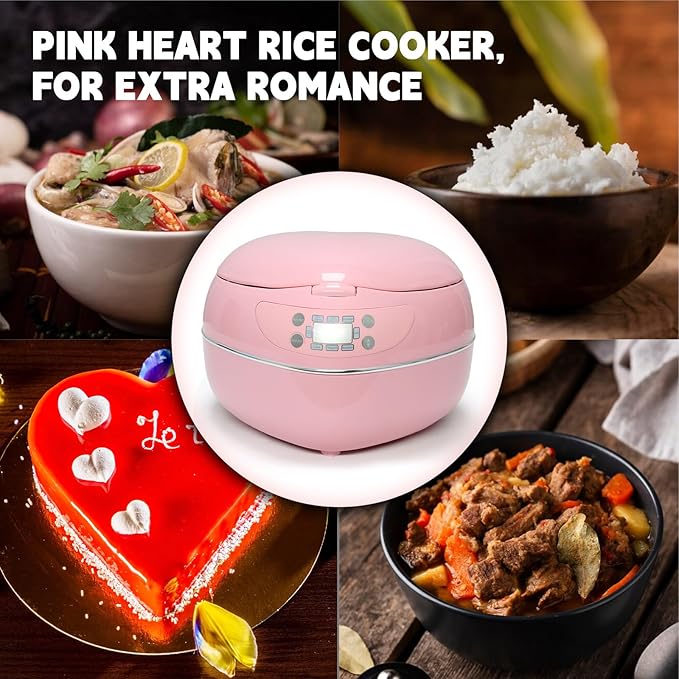 Heart Shaped Pink Rice Cooker Small Multifunctional Peach Heart Shape 300W High Power Preset Timer Automatic Heat Preservation Cute Rice Cooker for New Year Valentine's Day Gifts (1.8L 4Cups)