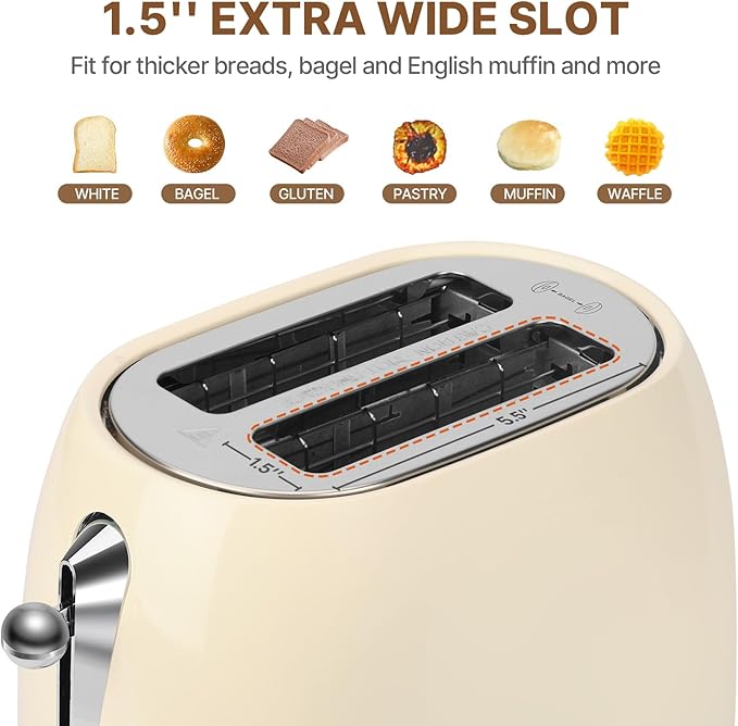 Toaster 2 Slice Smart Touch Screen Retro 1.5'' Extra Wide Slot Stainless Steel Digital Bread Toaster with Memory Function Bagel Defrost 6 Browning Levels and Removable Crumb Tray Cream