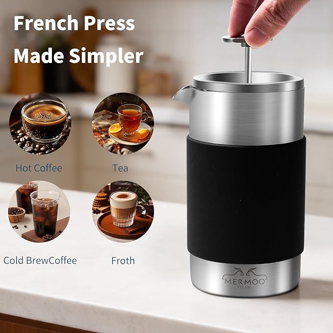 MERMOO YILAN Handleless French Press Coffee Maker - 12 oz Stainless Steel Insulated 3-in-1 Press for Coffee Tea &amp Milk Frother with Detachable Silicone Sleeve | Space Saving Design