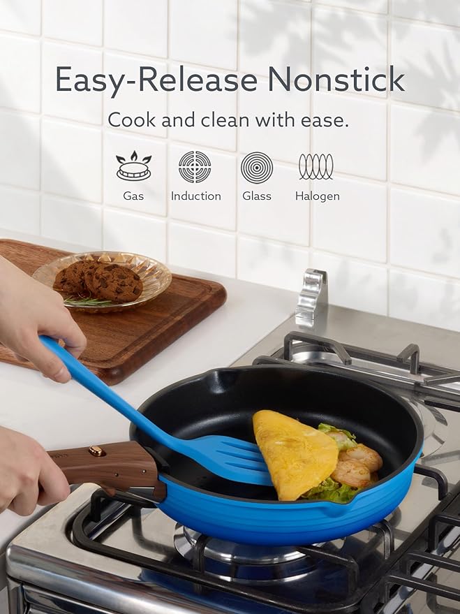 CAROTE 20Pcs Titanium Cookware Set Pots and Pans Set Non Stick Kitchen Cooking Set with Detachable Handle Non Toxic Induction Cookware - Camping Cookware Dishwasher/Oven Safe Blue