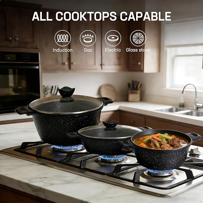 16PCS Cookware Set - Home Nonstick Stock Pot with Glass Lid Pots and Pans Set Cooking Pots Set Cast Aluminum Stay Cool Handles Dishwasher Safe PTFE/PFOA Free Speckled Black