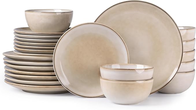 GBHOME Ceramic Dinnerware Sets for 8 24 Pieces Stoneware Plates and Bowls Sets Reactive Glaze Dishes -Scratch Resistant Dishwasher&ampMicrowave Safe-Cappuccino