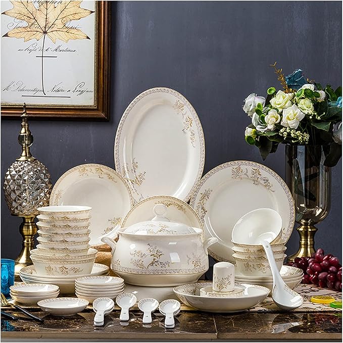 Ceramic Dinnerware Set Retro Style Beautiful Gold and White Porcelain Combination Set for Household Dinner Wedding Hotel