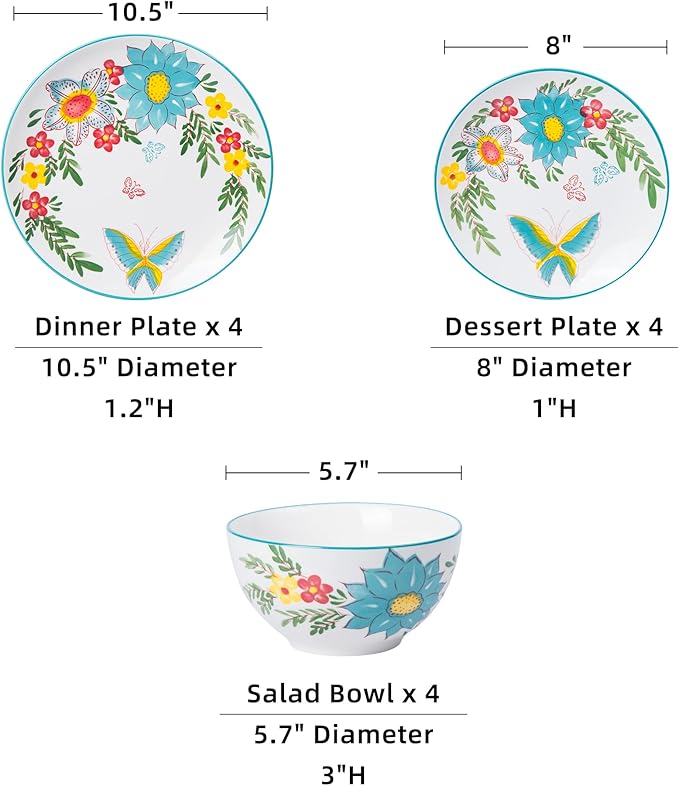 HomePop Ceramic 12-Pieces Dinnerware SetsDish Plates and Bowls Sets - Red