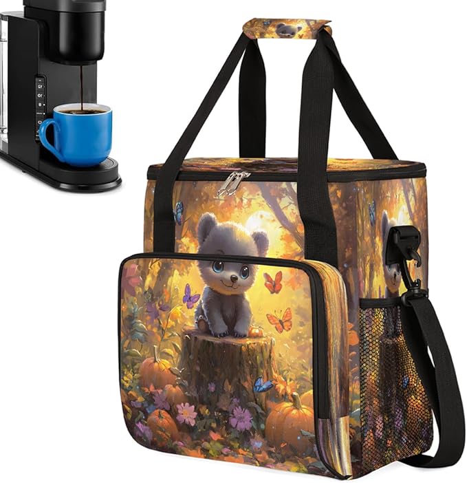 Cute Bear Pumpkin Butterfly Maple Leaf Coffee Maker Carring Bag Travel Carrying Storage Tote Bag Compatible with Keurig K-Mini or K-Mini Plus Portable Single Serve Coffee Brewer Case with Pockets
