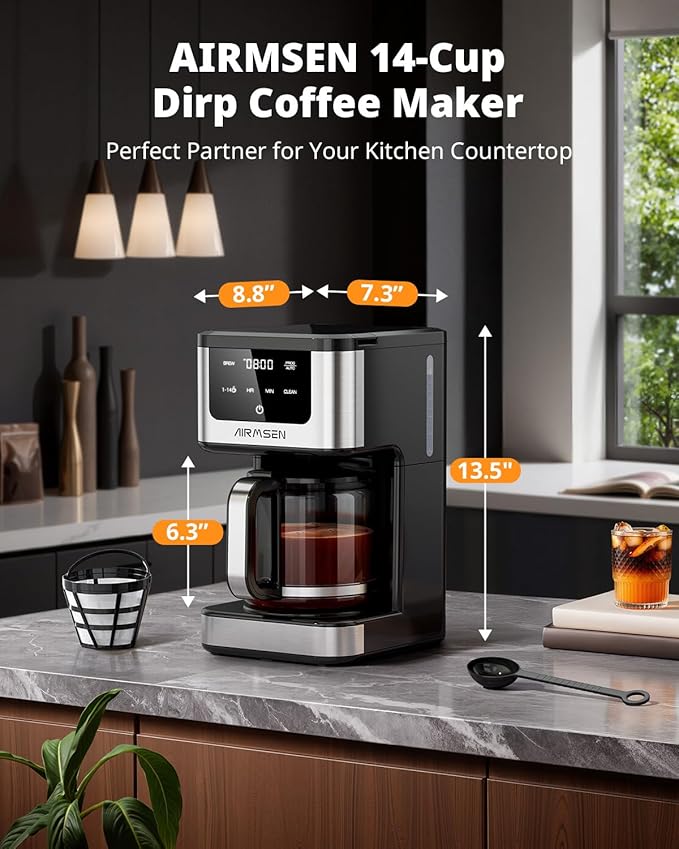 AIRMSEN 14-Cup Programmable Drip Coffee Maker – 1000W Fast Brewing Coffee Machine with Timer Delay Start &amp 2H Keep-Warm 73oz Tank Touchscreen &amp Glass Carafe – Perfect for Home &amp Office