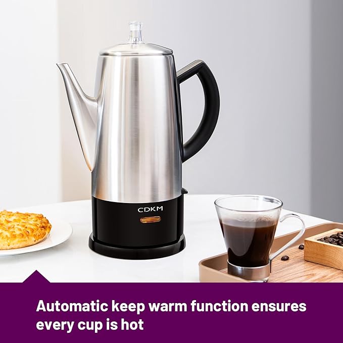 Classic 12 Cup Percolator PC-9822 Stainless Steel with keep warmcordless service (Brushed Finish)