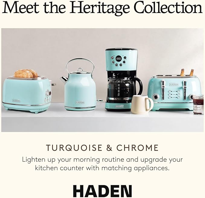 HADEN Coffee Machine 12 Cup Drip Coffee Maker Bundled with Heritage 1.7 Liter Stainless Steel Electric Kettle Turquoise &amp Chrome