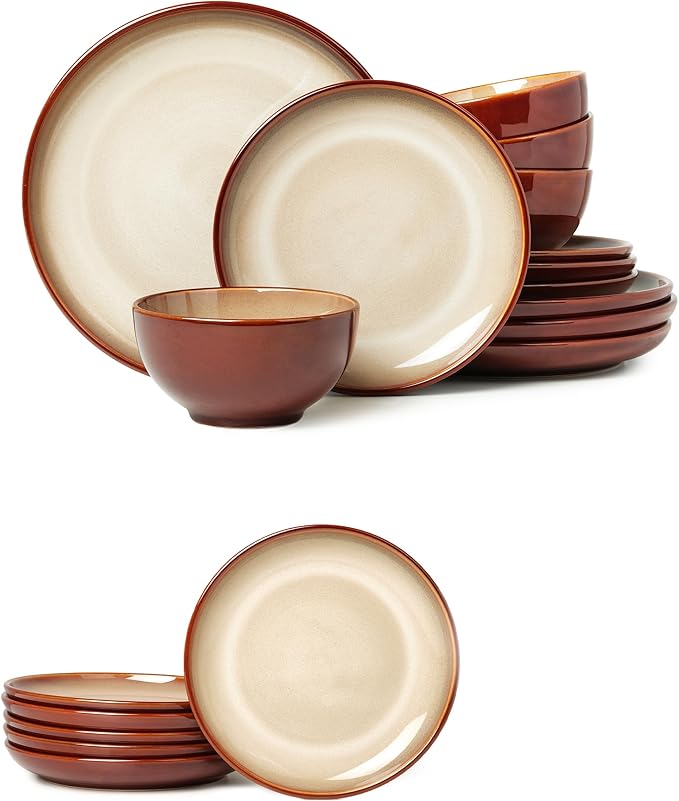 12 Piece Dinnerware Set Includes 6 Piece Salad Plate Set Combo Brown Yellow