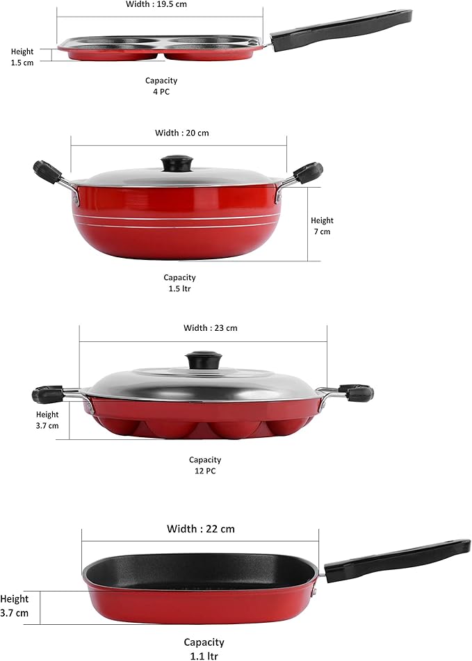 Sumeet 2.6mm Thick Non-Stick Hiri Cookware set (Mini Multi Snack Maker – 19.5cm + Kadhai With Lid – 220cm Dia + Grill Appam Patra with Lid – 23cm Dia + Grill Pan – 1.1Ltr Capacity-22cm-Dia