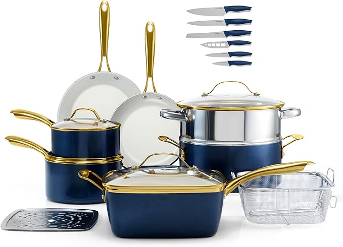 Gotham Steel 20pcs Pots and Pans Set Non Stick Ceramic Cookware Set with Deep Frying Pan Set &amp 6pc Knife Set Improved Ti-Cerama Coating Made without PFOA PFOS Lasts 2x Longer Oven &amp Dishwash