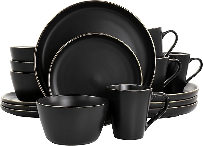 Unknown1 16 Piece Stoneware Dinnerware Set in Matte Black with Gold Rim Solid Modern Contemporary Round Dishwasher Safe
