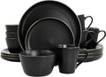 Unknown1 16 Piece Stoneware Dinnerware Set in Matte Black with Gold Rim Solid Modern Contemporary Round Dishwasher Safe