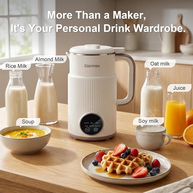 Cozyfish 35oz Nut Milk Maker Multi-Functional Automatic Soy &amp Almond Milk Machine with 12-Blade Stainless Steel for Oat Soup Juice &amp Plant-Based Beverages Timer Auto Clean Keep Warm Boi