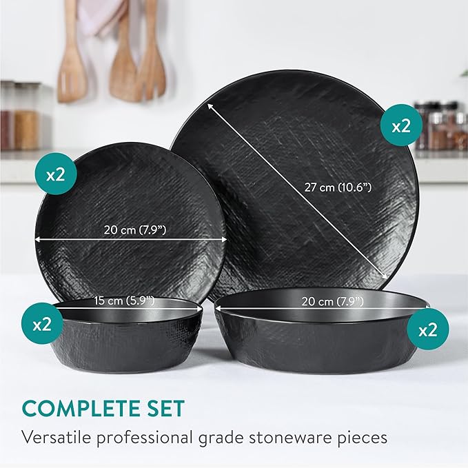 Navaris Linen Artisan Stoneware Dinnerware Set (8 Pieces) - Charcoal Black Dishes for 2 with Dinner Plates Side Plates Pasta Bowls Soup Bowls - Dishwasher and Microwave Safe