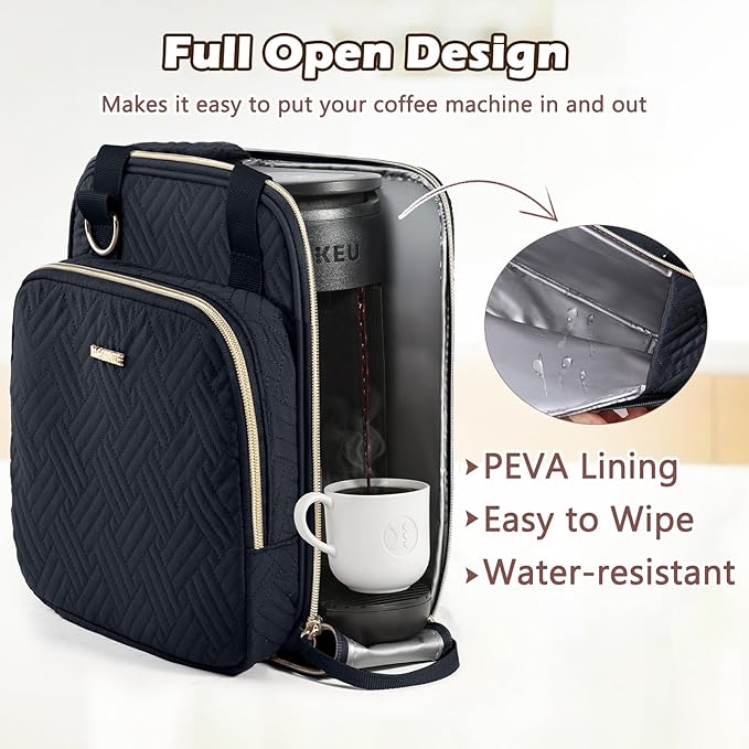 BAGSPRITE Coffee Maker Travel Bag Compatible with Keurig K-Mini Mate Full Open Carrying Case with Quilted Padded Soft Microfiber K--Cup Single Serve Coffee Maker Bag with Pod Organizer Mug Pockets