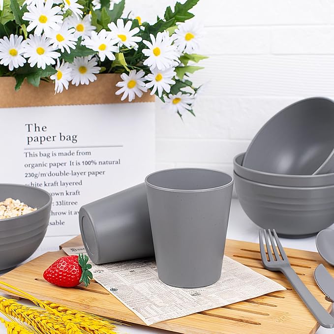 EI 42pcs Wheat Straw Dinnerware SetReusable Plastic Plates UnbreakableBig Bowl and Plate for KitchenPlates and Bowls Sets for College Dorm RoomCampingPicninc