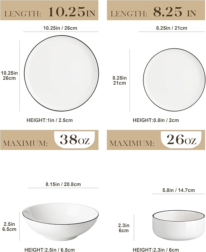 MALACASA Plates and Bowls Sets 24 Pieces Modern Porcelain Dinnerware Set for 6 Ceramic Dishware Dishes White Kitchen Dinner Dining Ware Set wtih Black Rim Microwave and Dishwasher Safe Series LUNA