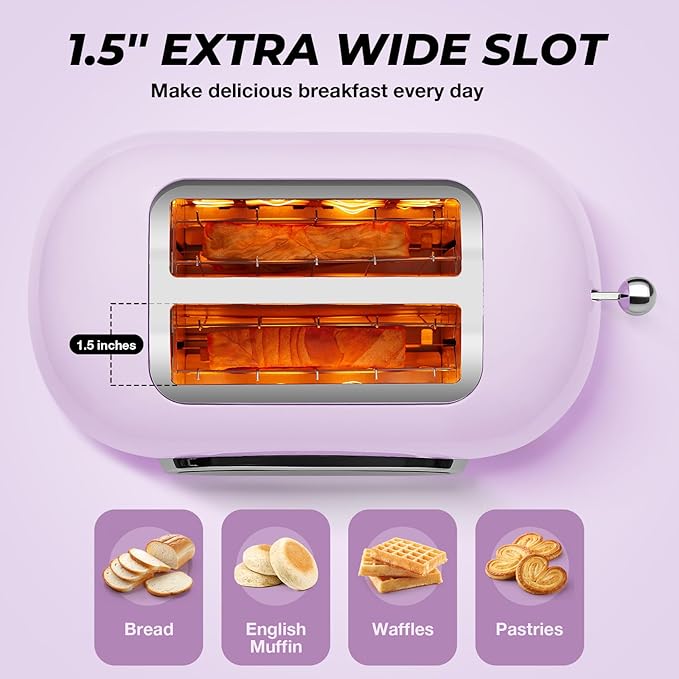 Roter Mond 2 Slice Toaster Smart Touch Screen Retro Stainless Steel Bread Toaster with Digital Timer Sleep Mode Bagel Cancel and Defrost Functions 6 Bread Types and Shade Settings Light Purple