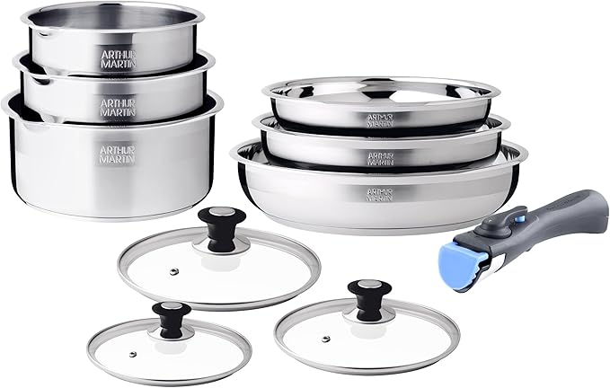 Removable 10-piece stainless steel cookware set suitable for all heat sources including induction and consists of 3 saucepans (16-18-20 cm) 3 frying pans (20-22-26 cm) 3 lids with evaporator