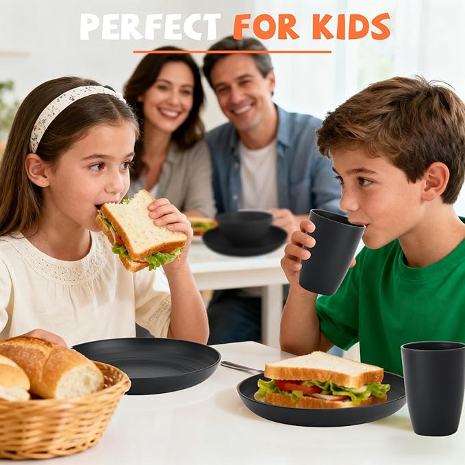 Wheat Straw Dinnerware Sets Unbreakable Kids Plates and Bowls Sets 20-Piece Service for 4 Alternative Plastic Outdoor Camping Dishes Microwave &amp Dishwasher Safe - Black