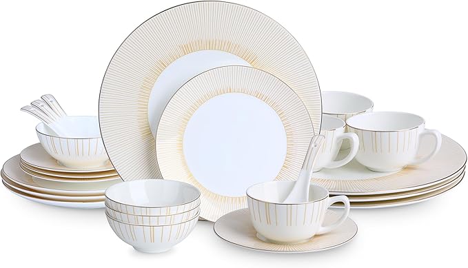 24 Piece White Porcelain Dinnerware Set for 4 Sunburst Design Plates and Bowls Sets with Gold RimHighly Chip and Crack Resistant | Dishwasher Safe Dishes Set