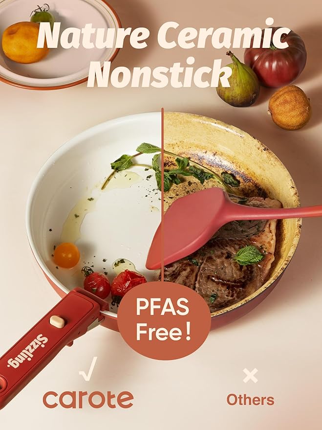 CAROTE 22 Pcs Ceramic Cookware Set Detachable Handle Non Toxic Pots and Pans Set Non Stick Induction Kitchen Cookware Removable Handles Oven Safe Stackable RV/Camping Cooking Set Multi-Color