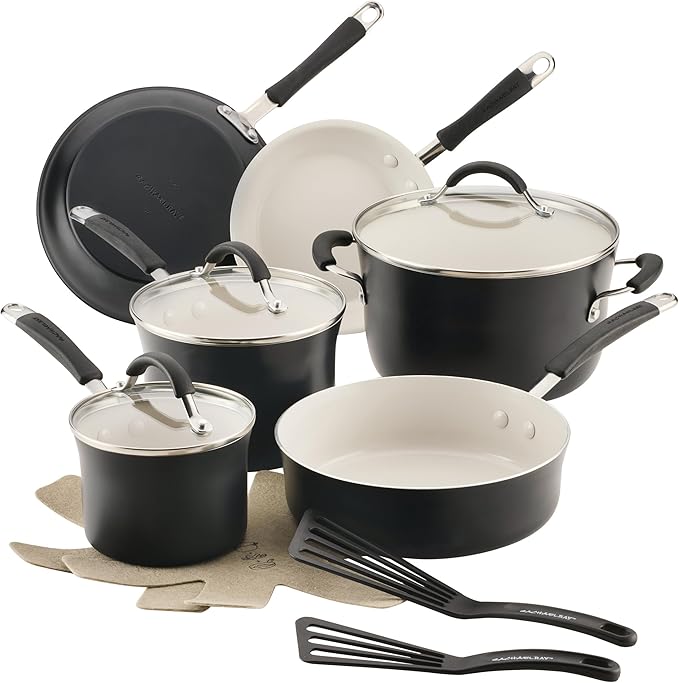 Rachael Ray Cucina Ceramic Cookware Set - 13 Pieces - Ceramic Pots and Pans Set w/Nonstick Frying Pans Saute Pan Saucepans Stockpot Lids Pan Protectors &amp Cooking Utensils - Peppercorn