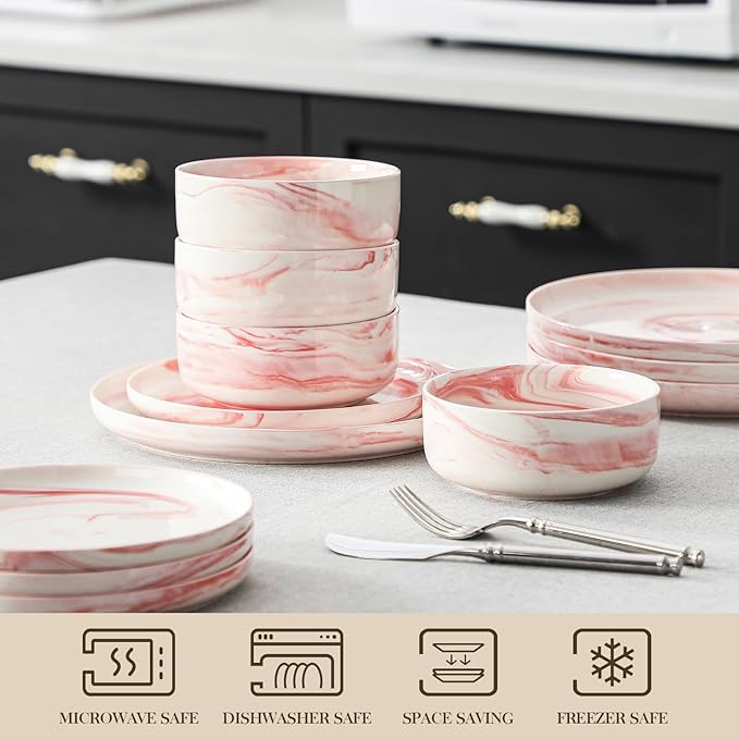 MALACASA Plates and Bowls Sets 12 Pieces Porcelain Dinnerware Sets Dishware Sets Chip Resistant Ceramic Dish Set Dining Dinner Ware Service for 4 Marble Pink Series LUNA