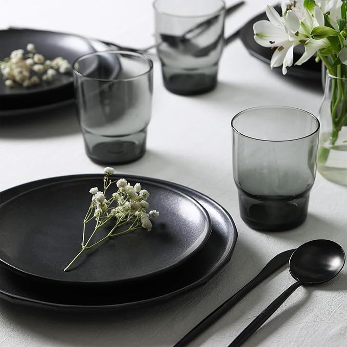 Stone Lain Rio Stoneware 16 Piece Dinnerware Set Plates and Bowls Sets Black Dish Set for 4 with Fluted Colored Glass Cups Microwave &amp Dishwasher Safe