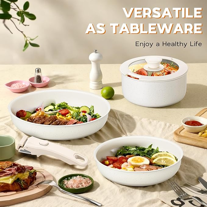 Walchoice 5Pcs Pots and Pans Set Granite Nonstick Cookware Set with Detachable Handle Stackable Kitchen Cooking Set with Saucepan Frying Pans Induction Compatible &amp Oven Safe - Cream White