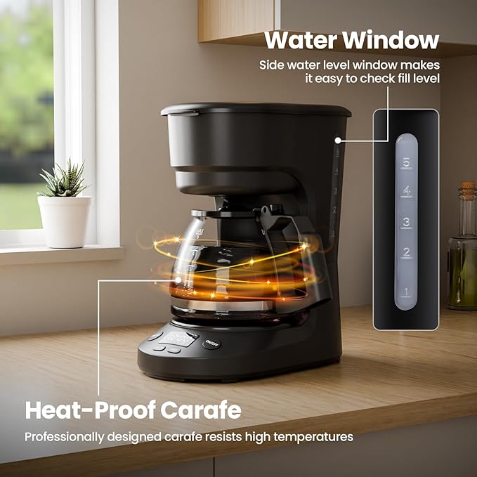 Kismile Compact Drip Coffee Maker Anti-Drip System Timer Removable Funnel &amp Auto Shut-Off Anti-Dry Protection Perfect Small Coffee Machine for Home &amp Office (Black)