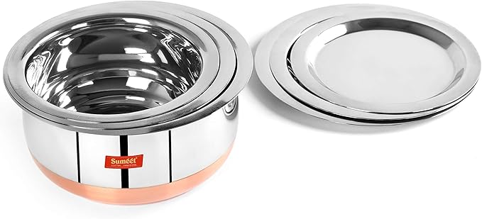 Sumeet Stainless Steel Copper Bottom Belly Shape 3 Pc Tope/Cookware/Pot Set with Lid 380ML 500ML 780ML (Silver)