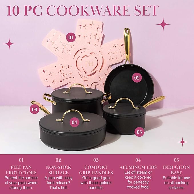 Paris Hilton Iconic Nonstick Pots and Pans Set Multi-layer Nonstick Coating Matching Lids With Gold Handles Made without PFOA Dishwasher Safe Cookware Set 10-Piece Black