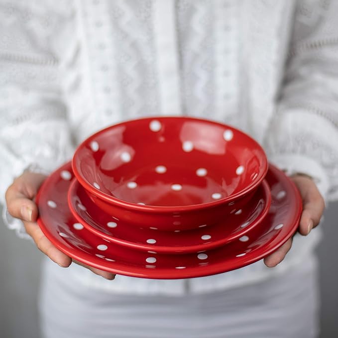 Handmade Red and White Polka Dot Ceramic 12 piece Dinnerware Set | Pottery Tableware Service for 4 | Dinner Plates | Side Plates | Bowls | Housewarming Gift by City to Cottage®