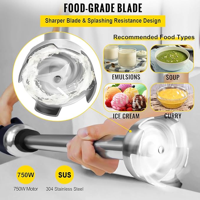 VEVOR Commercial Immersion Blender 750W Variable Speed Heavy Duty Hand Mixer 304 Stainless Steel Hand Blender (19.7)
