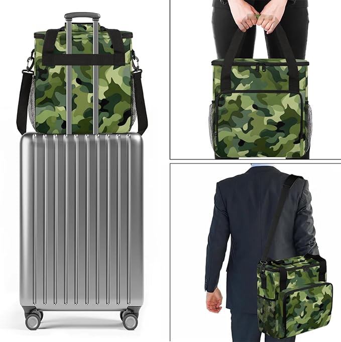 Green Camo Coffee Maker Travel Bag for Keurig K-Mini/K-Mini Plus Insulated Waterproof Tote with Pockets for K-Cup Portable Single-Serve Brewer Case