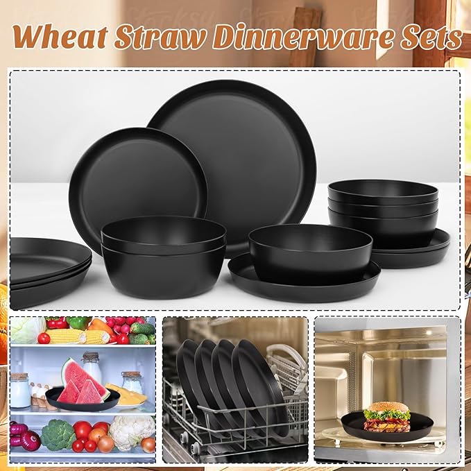 EI 12pcs Wheat Straw Dinnerware Set of 4Plates and Bowls SetsPlastic Plate Reuasble UnbreakableHeavy Duty Plastic Plates for CampingPicnincFamily Dinner