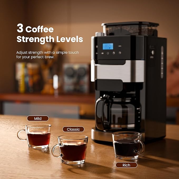 Kismile 10-Cup Digital Drip Coffee Maker with Built-In Grinder Programmable 12H Timer Keep-Warm Function Customizable Strength &amp Grind Size Coffee Machines with Smart LED Touchscreen