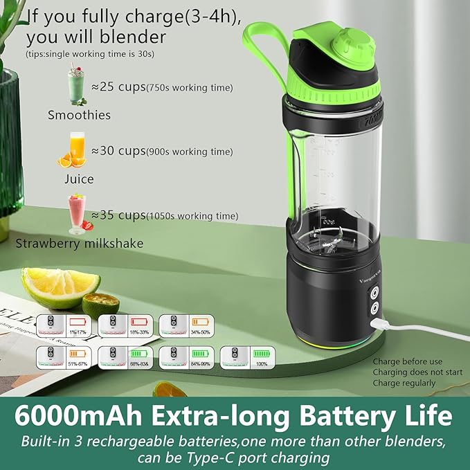 Portable Blender for Shakes and Smoothies 24oz Travel Blender 300Watt on the Go Blender USB Rechargeable Personal Blender with a Travel Lid &amp BPA Free Bottle(Green Cap Black Body)