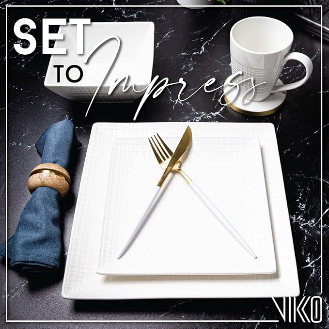 Vikko DinnerWare Sets16 Piece Dinnerware Set 4 Dinner Plates 4 Dessert Plates 4 Bowls 4 Mugs Fine Mesh Design Service for 4 Ceramic Dinnerware Sets Ivory