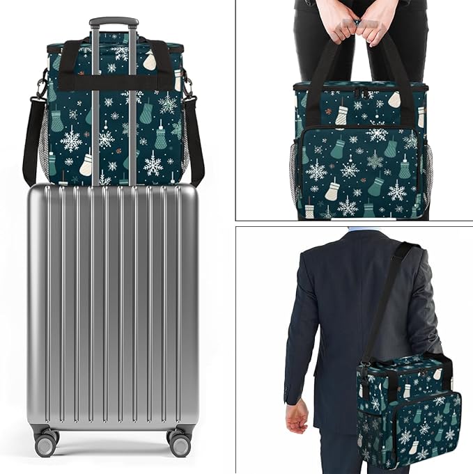 Xmas Stocking Coffee Maker Carrying Bag Snowflake Travel Storage Bag Compatible with K-Mini or K-Mini Plus Single Serve Coffee Brewer Carrying Case with Multiple Pockets &amp Shoulder Strap