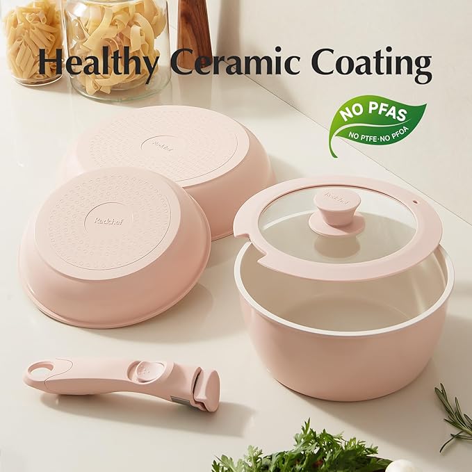 Redchef Ceramic Pots and Pans Set Non Stick Nonstick Kitchen Cookware Sets Non Toxic Pots and Pans Set Non Stick PFAS PFOA &amp PTFE Free Nonstick Frying Pans Set Ceramic Pan Skillet RV Cookwar