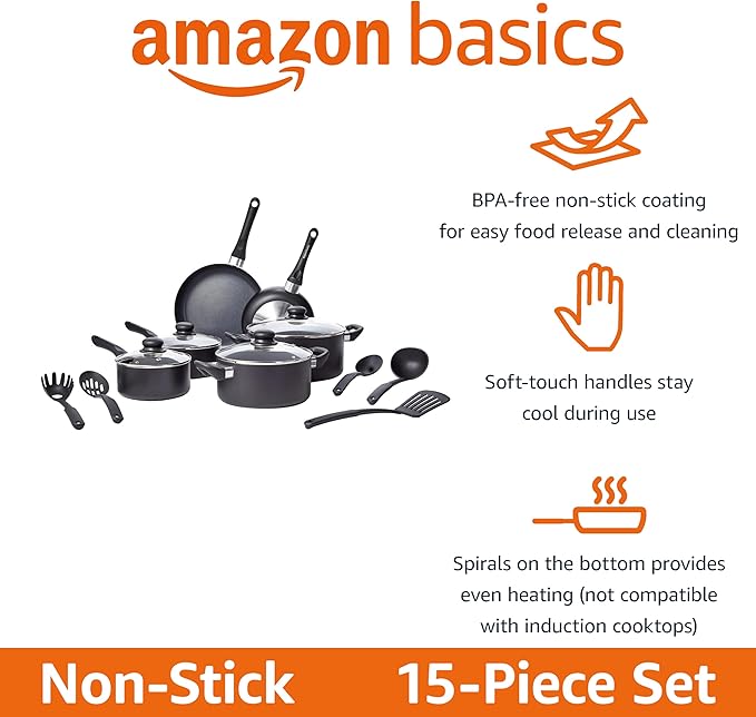 Amazon Basics Non-Stick Kitchen Cookware 15-Piece Set with Stay-Cool Handles Even Heating Non-Induction Includes Pots Pans and Utensils Black