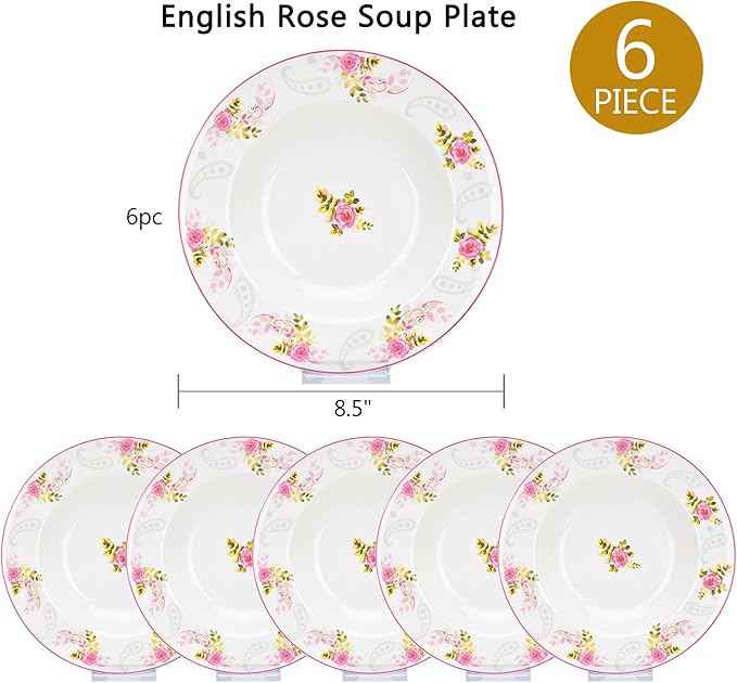 Bone China Deep Plate Set of 4 Dinner Plates Salad Plates Dinnerware Sets Serving Bowls Soup Bowls Kitchen Plates Tableware Set for Home and as a Gift (English Rose Set of 6)